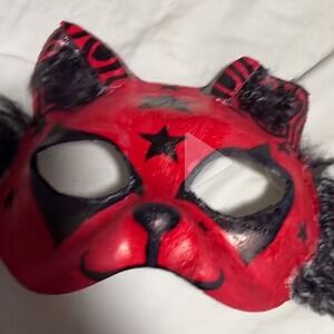 Red clown themed cat mask with ear and cheek fluff